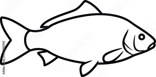 A simple black and white line drawing of a fish with its fins and tail clearly visible.