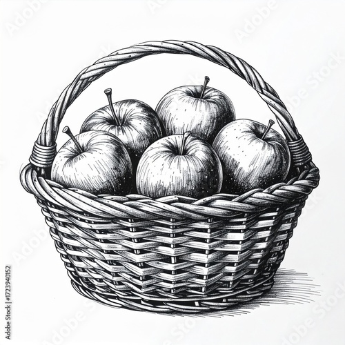 Monochrome Still Life of Apples in Woven Basket on White Background Detailed Focus