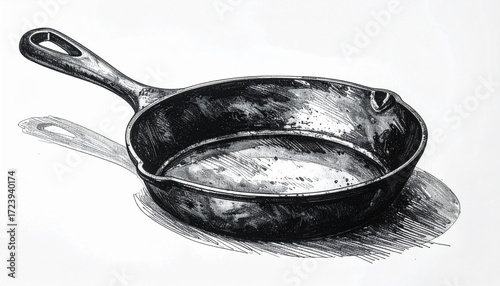 Antique Cast Iron Skillet Illustration on White Background with Detailed Texture and Shading