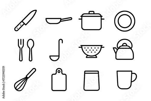 Minimalist kitchen icons set: cookware and utensils in linear style