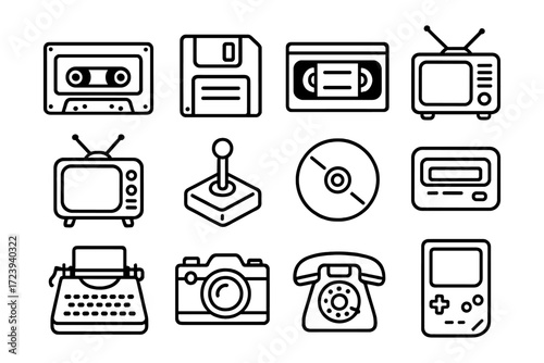 Retro technology icons: cassette, floppy, vhs, tv, joystick, and more in linear style