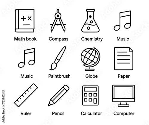 Educational icon set featuring math, science, music, and art in minimalist design