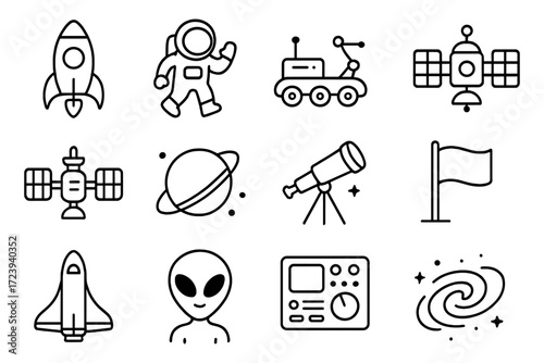 Space exploration icons set featuring astronaut, rocket, satellite, alien and galaxy in linear style