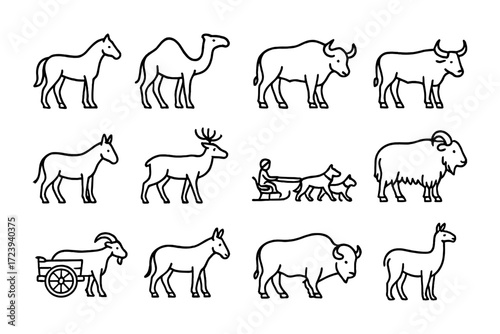 Simple outline icons of farm and wild animals in minimalistic style