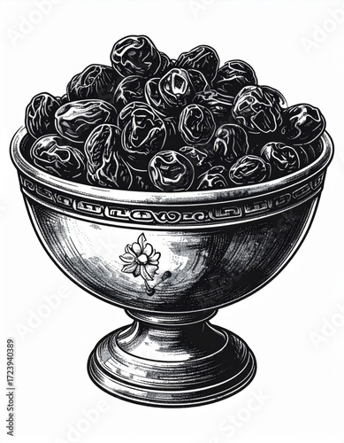 Monochrome Bowl Full of Prunes in Detailed Engraving Style Illustration