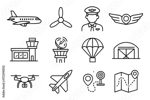 Aviation icons set featuring airplane, pilot, and control tower in linear style