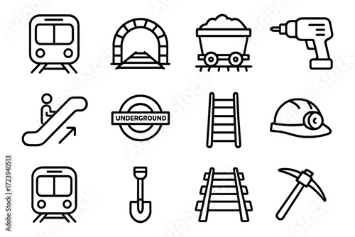 Underground transport and mining linear icons set