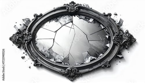 Ornate Black Broken Mirror on White Background with Intricate Carvings and Shattered Reflections