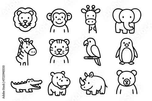 Cute animal outlines for kids: lion, monkey, giraffe, elephant, and more