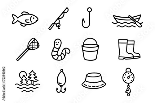 Fishing icon set: outline style for outdoor and recreational themes