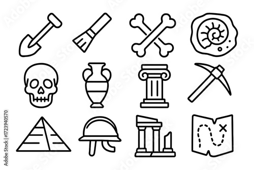 Archaeological line art icons featuring shovel, fossil, skull, ancient tools, and maps