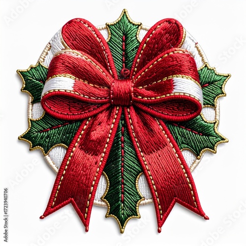Detailed Embroidery of a Red Bow on Holly Leaves and White Frame Isolated on White