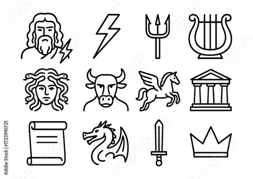 Icon set featuring greek mythology symbols in modern linear style