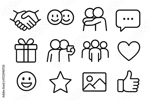 Simple line icons of social interaction, communication, and emotion