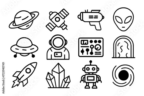 Minimalist space icons featuring planets, aliens, and robots in linear style