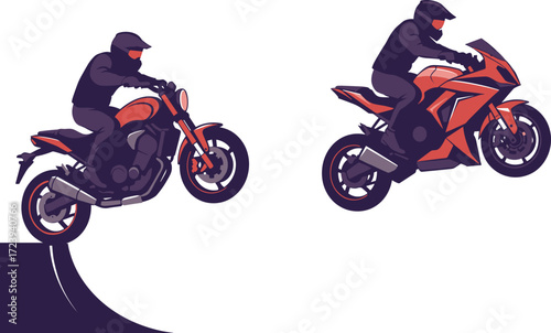 Vector illustration of motorcycle stunt riders performing extreme jumps on sport bikes wearing helmets, showcasing speed, action, adrenaline and competition design