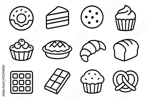 Delicious icon set: outline style for bakery and sweet treats collection