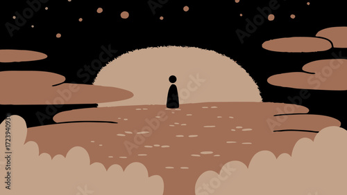 A solitary figure stands silhouetted against a large, pale sun, gazing out over a reflective surface dotted with small lights under a starry night sky