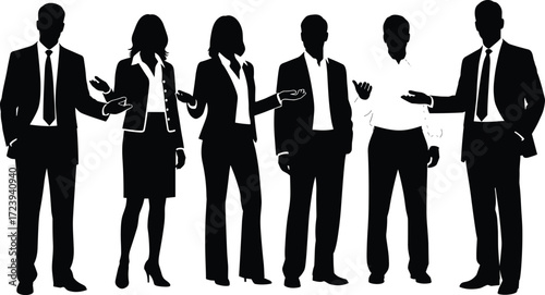 Business team silhouettes group standing communication discussion gestures corporate professionals colleagues explaining teamwork presentation concept vector illustration