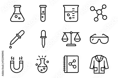 Science icon set: laboratory equipment and chemical symbols in linear style
