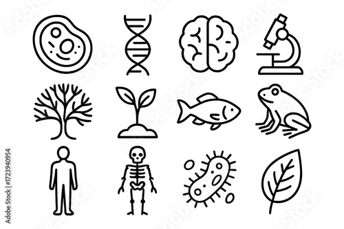 Science and nature icons: cell, dna, brain, microscope, biology, outline style