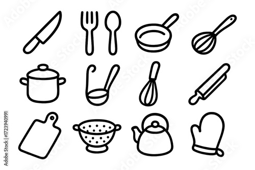 Kitchen utensils collection in simple outline style for culinary projects