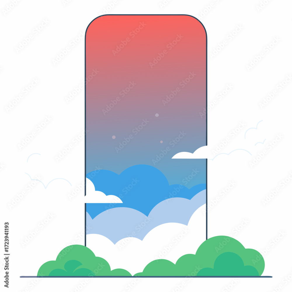 Fototapeta premium Stylized illustration of a window frame opening to a sky with clouds and a gradient sunset