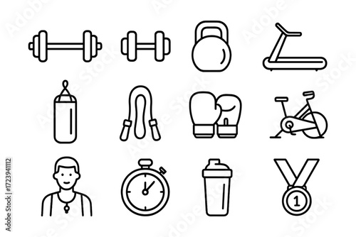 Fitness equipment icons: modern linear gym and workout symbols
