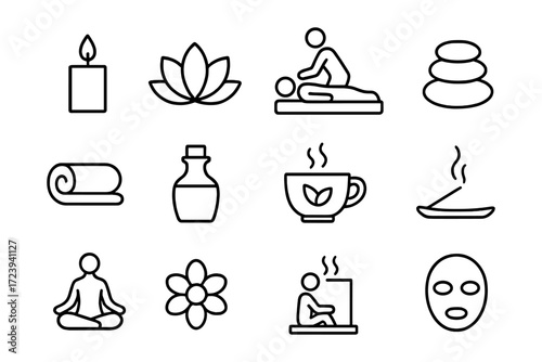 Wellness and relaxation line icons: spa, massage, meditation, aromatherapy