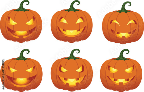 Halloween pumpkin jack o lantern faces, scary carved pumpkins, spooky glowing designs, holiday decoration vector, horror expression collection, autumn festival symbols