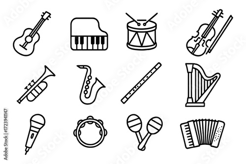 Elegant linear icons of musical instruments for creative designs
