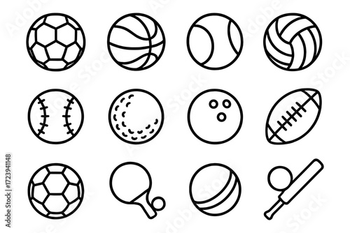 Sports ball icons set in linear style: soccer, basketball, tennis, volleyball and more