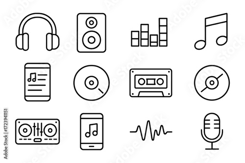 Music icon set in linear style featuring headphones, speakers, and musical notes