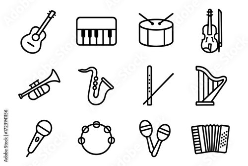 Outline music icons set featuring various instruments in linear style