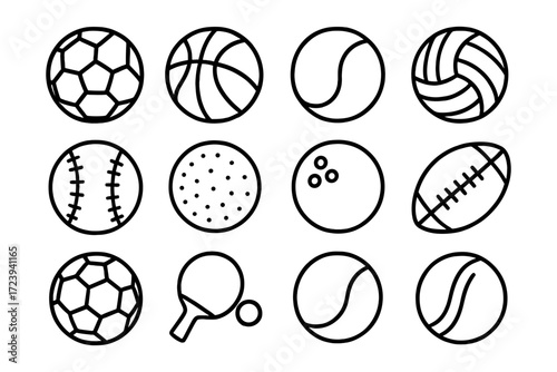 Linear outline collection of popular sports balls for various athletic activities