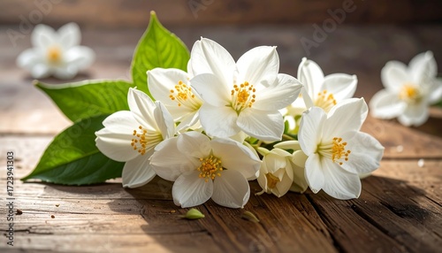 White jasmine blooms rest gently on aged wood—whispers of purity, calm, and the timeless grace of nature’s quiet poetry.