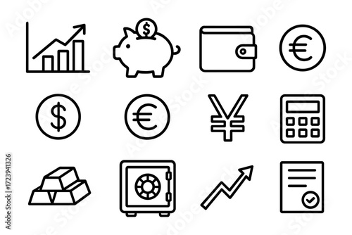 Minimalist black and white financial icons set with growth chart, piggy bank, currency symbols