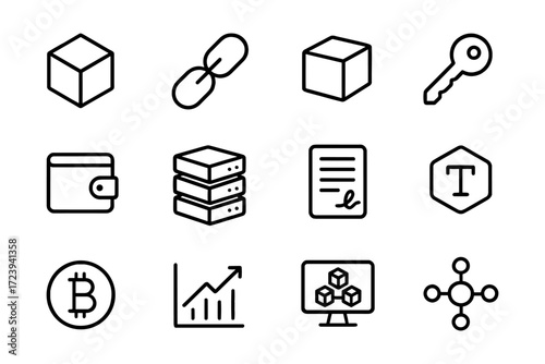 Minimalist blockchain and cryptocurrency icons set in linear style