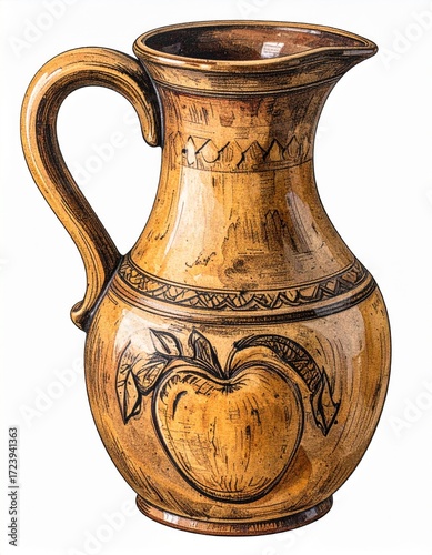 Brown Ceramic Pitcher with Handle and Heart Shaped Ornament on White Background