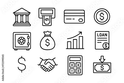Financial icons set featuring banking, investment, and payment elements in linear style
