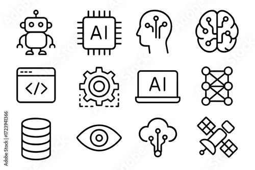 Artificial intelligence and technology icons in modern line art style