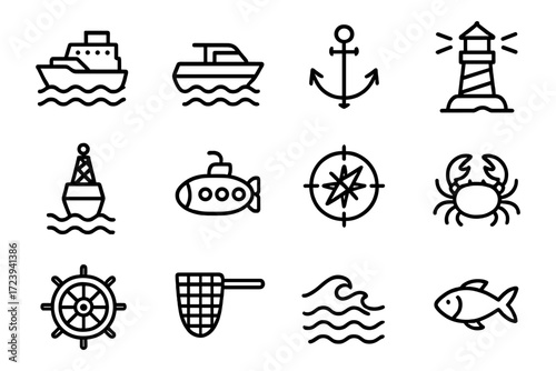 Nautical icons set featuring boats, lighthouse, and marine life in linear style