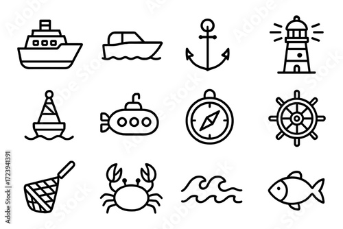 Nautical icons collection: minimalist maritime symbols for navigation and sea adventure