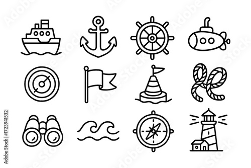 Nautical icon set: marine-themed outline symbols including ship, anchor, and lighthouse