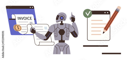 Robot streamlining invoice handling, financial reporting, and approval process with AI accuracy. Ideal for automation, AI efficiency, business management, digital tools, productivity, robotics