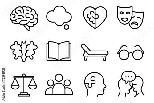 Linear icons of mental health and psychological symbols in black and white
