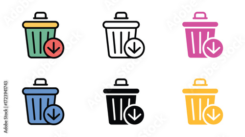 Vector art of colorful trash can icon set a collection of six different style and color variations of a trash can icon