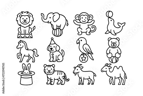 Circus animals outline collection: playful line art with adorable characters