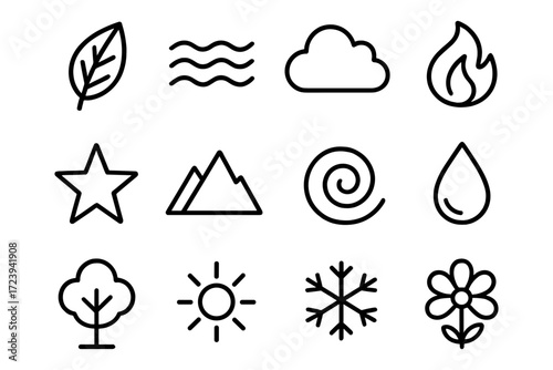 Minimalist icon set representing nature elements in modern linear style