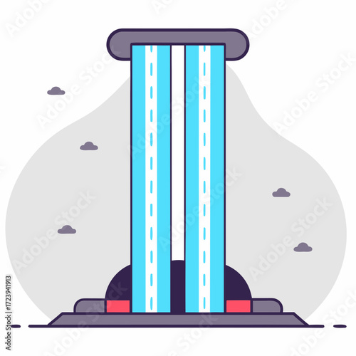 Abstract illustration of a futuristic water slide with blue water cascading down, set against a minimalist grey background with small clouds